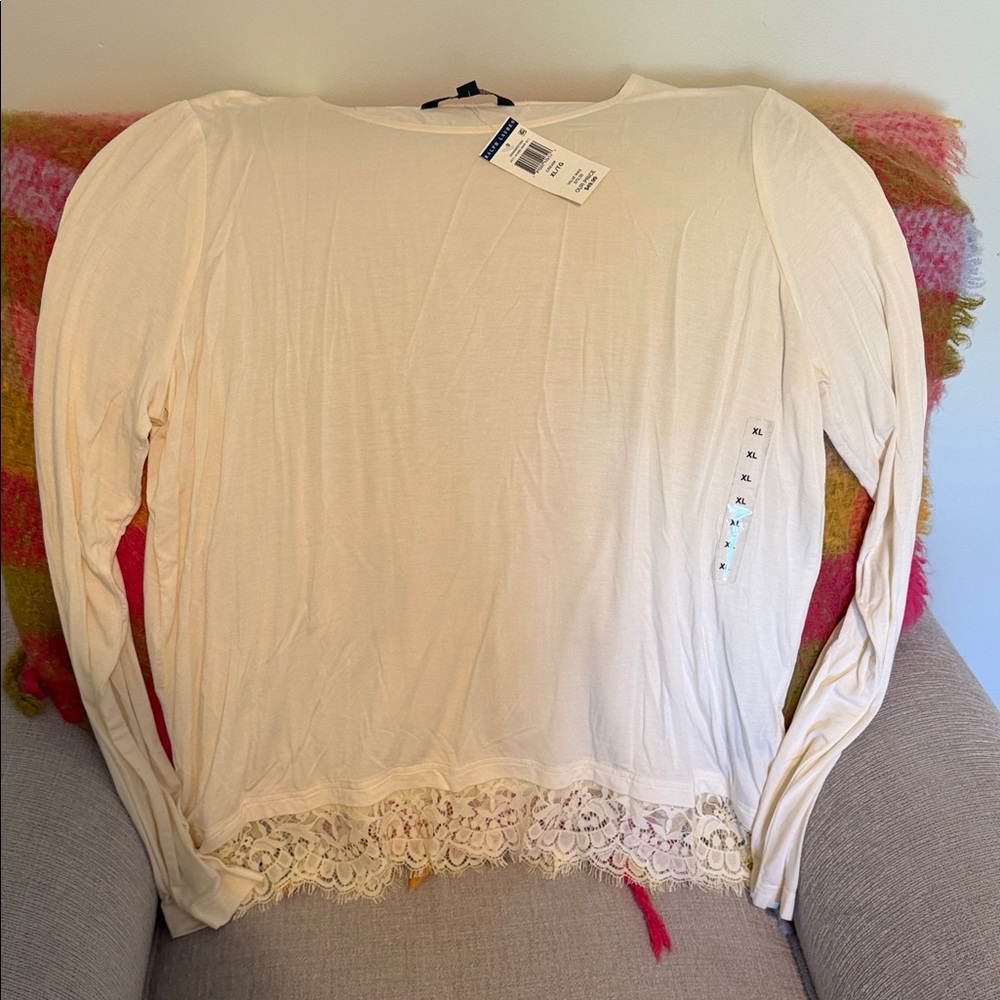 NWT Lauren Ralph Lauren Cream Long Sleeve Top with Lace Trim